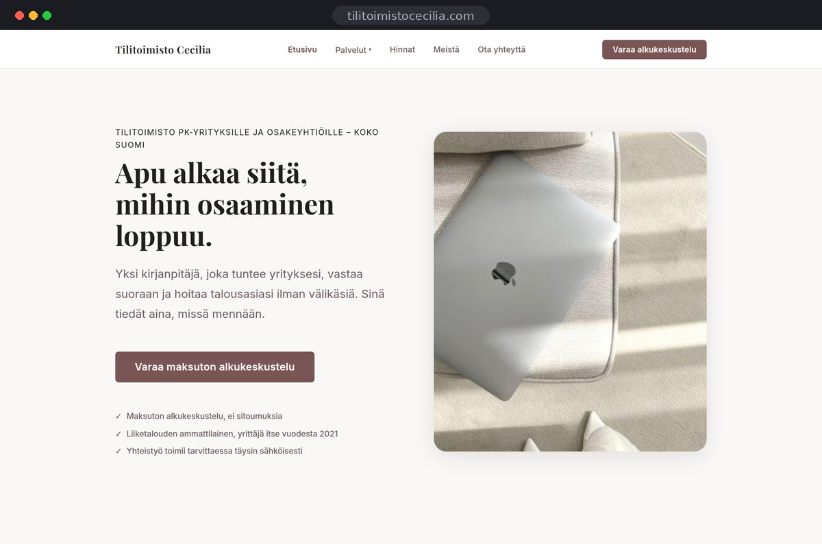 Tilitoimisto Cecilian verkkosivuston etusivu selainikkunassa