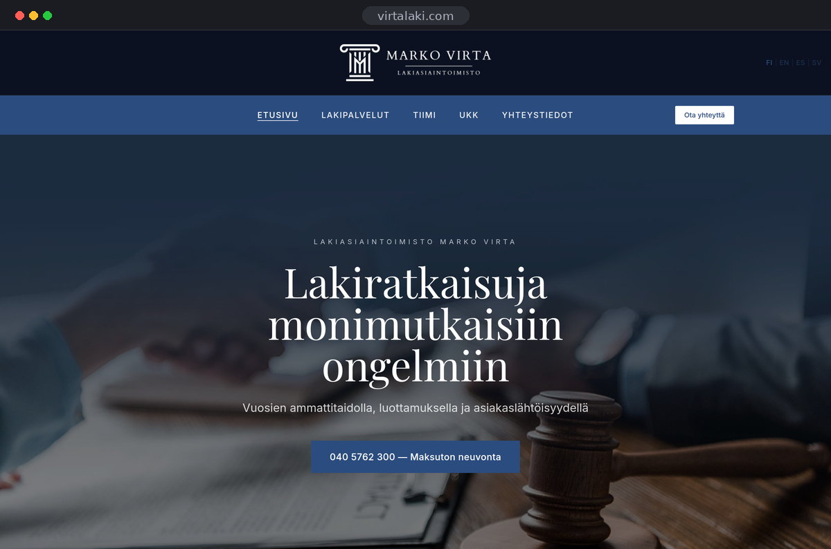 Virtalaki-verkkosivuston etusivu selainikkunassa